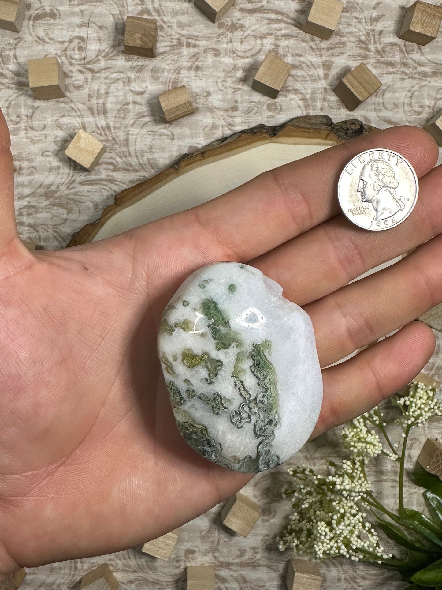 Natural Moss Agate Crystal Palm Stone