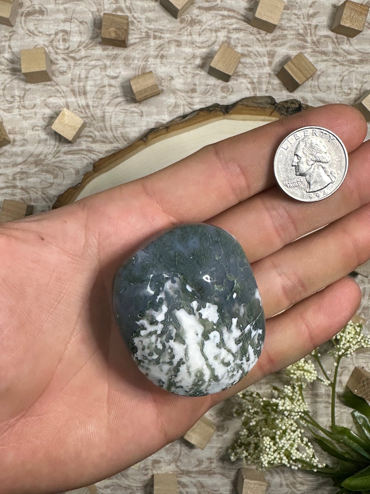 Natural Moss Agate Crystal Palm Stone